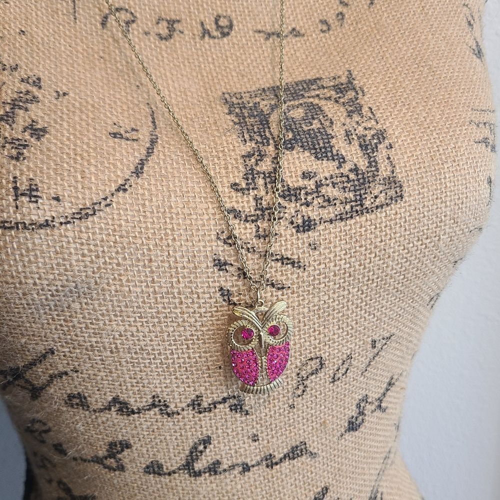 Gold Owl Pendant Necklace with Pink Rhinestones – Statement Jewelry